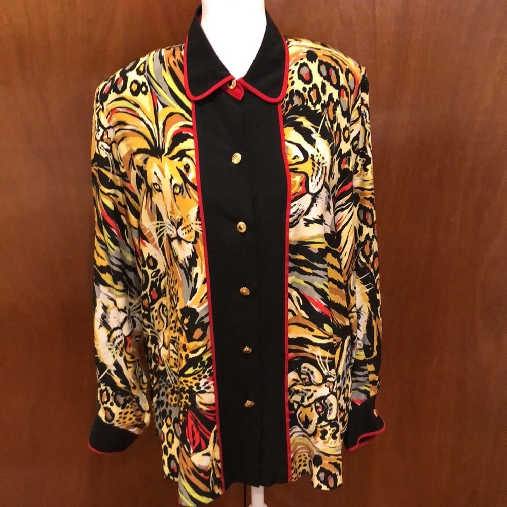 Bob Mackie Wearable Art- Vintage Big Cats Animal Abstract Print Silk Blouse